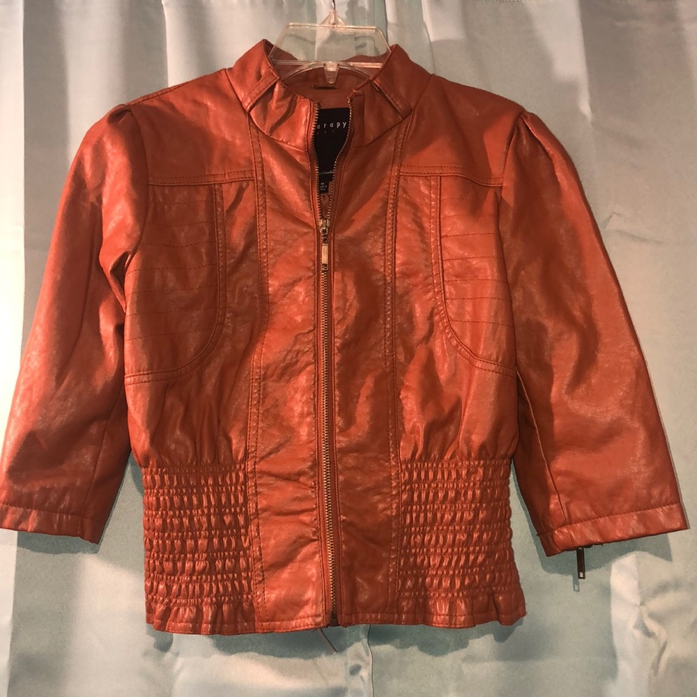 Three quarter sleeve brown leather jacket